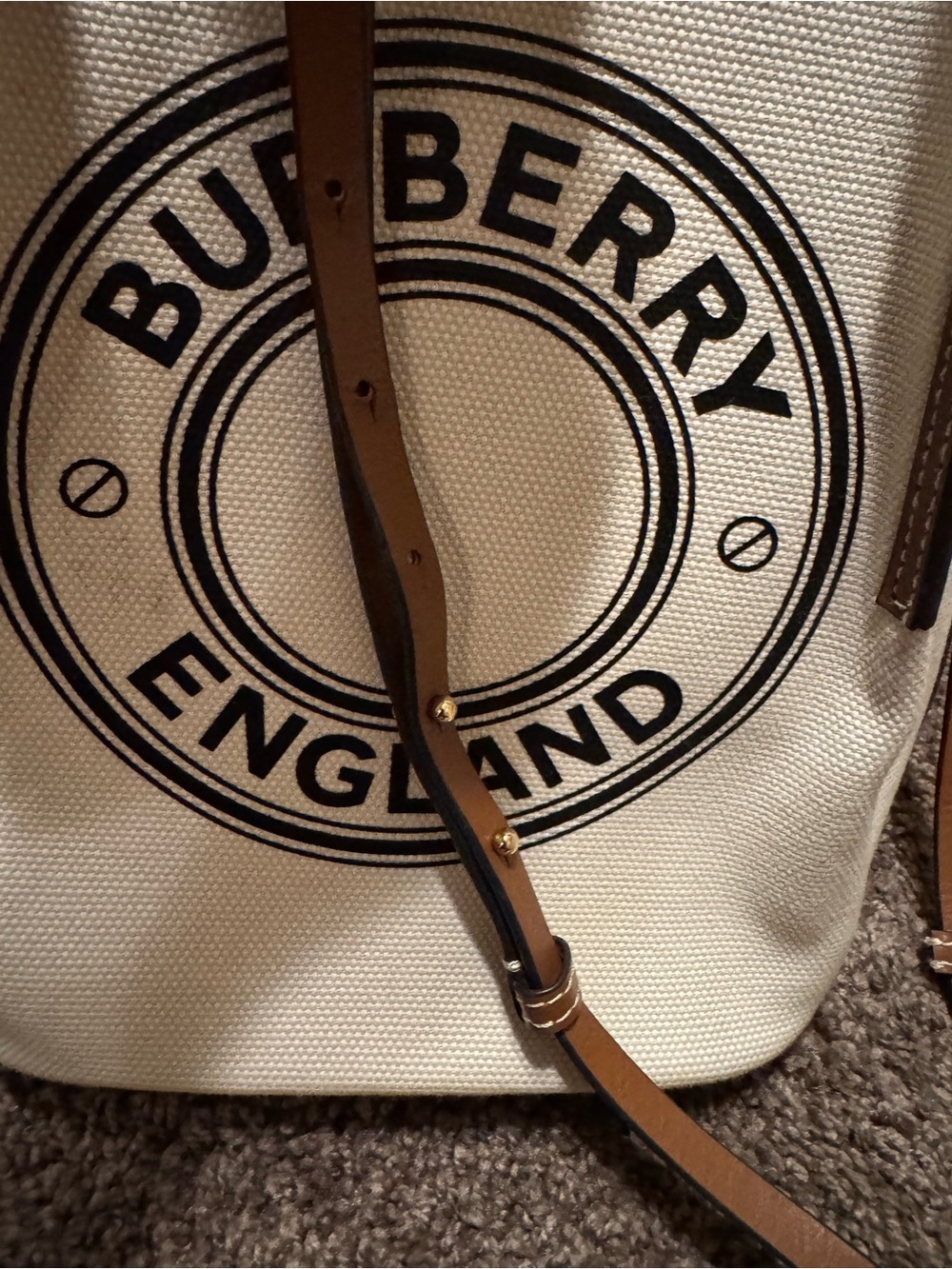 Burberry Cream Canvas Tote with Brown Leather Straps and Black Logo